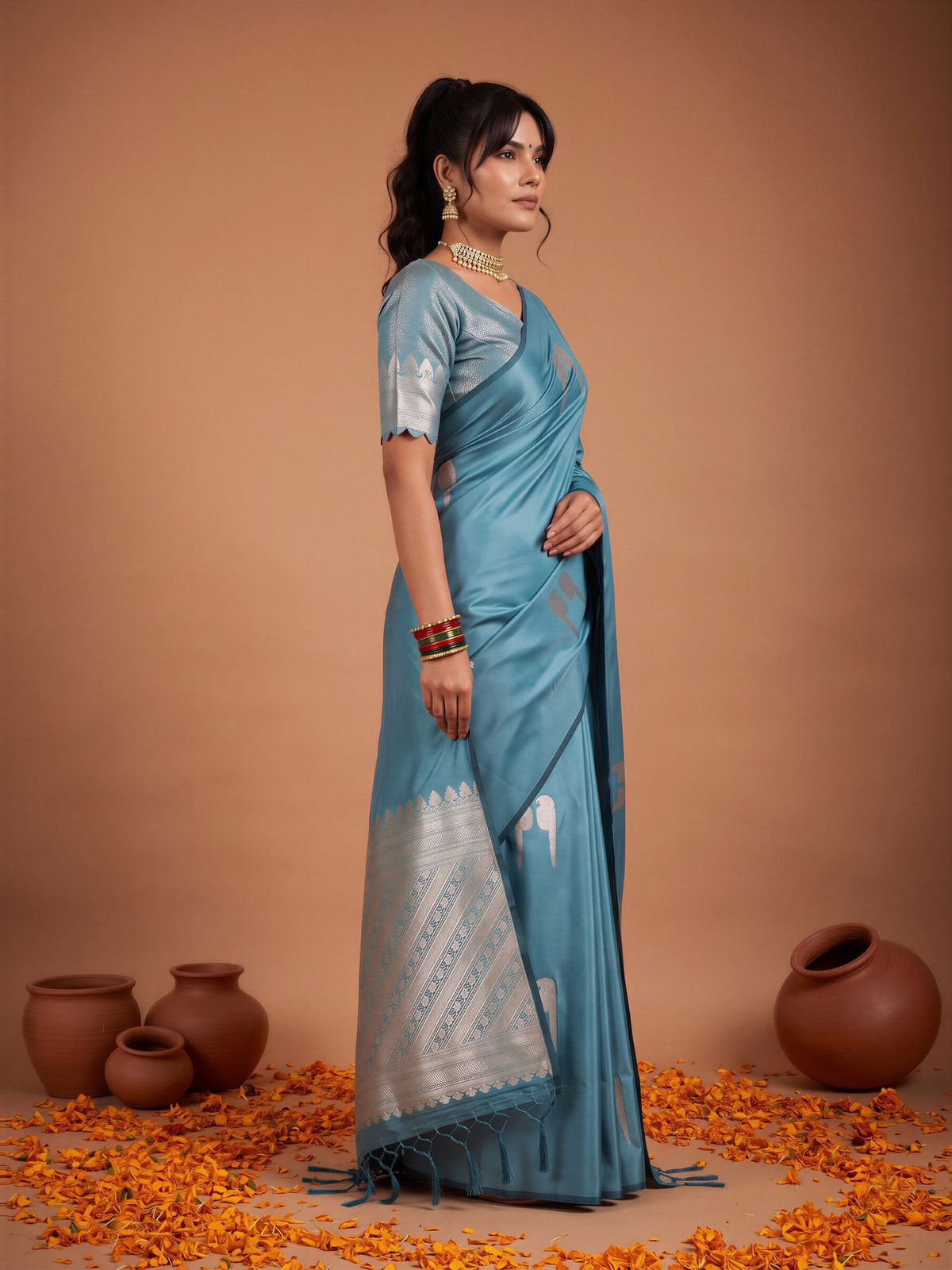 Light Blue Satin saree – detail view 2