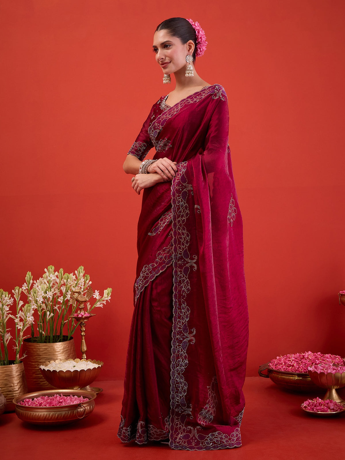 Magenta Satin saree – detail view 1