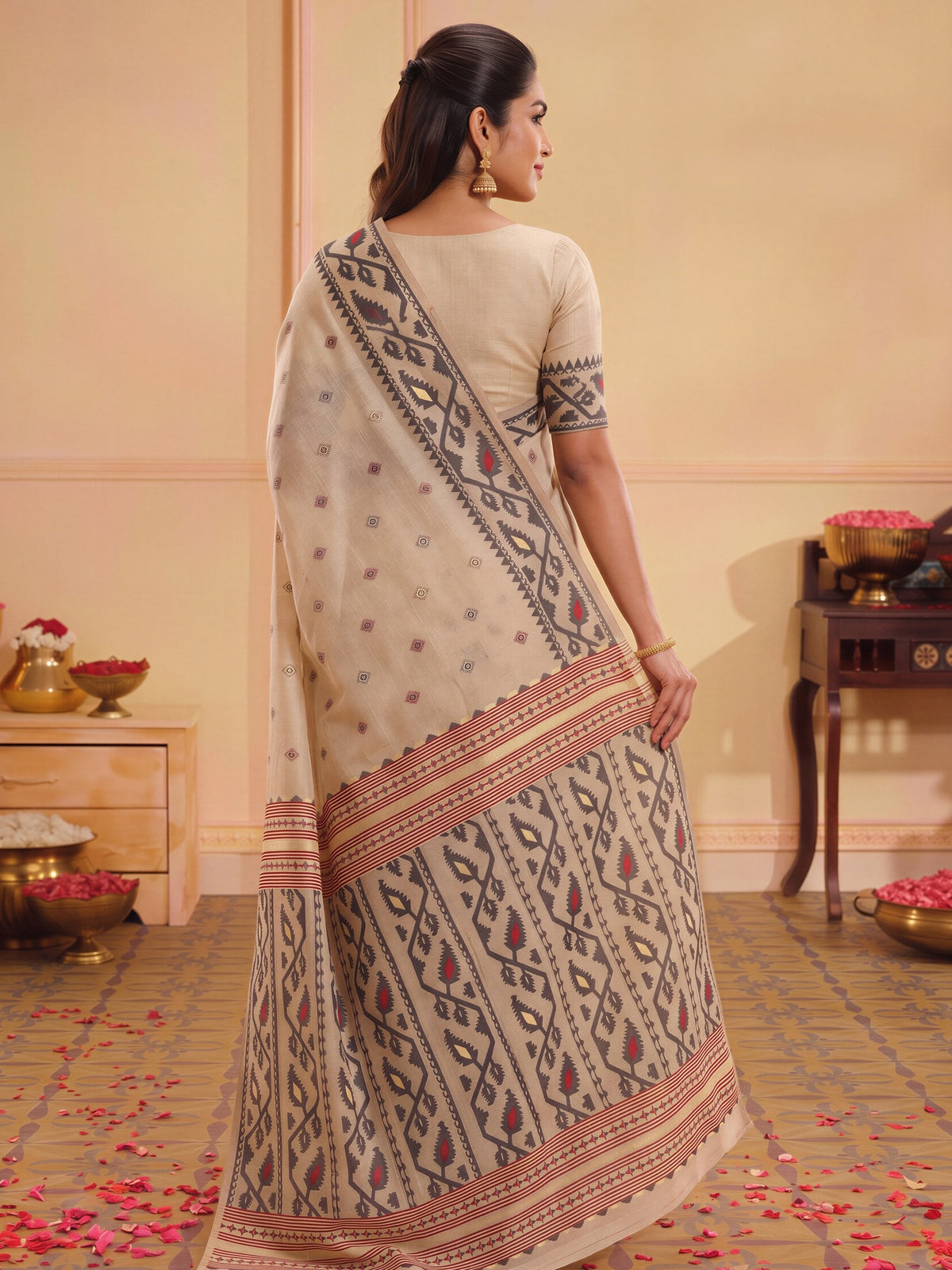 Beige linen saree view 1