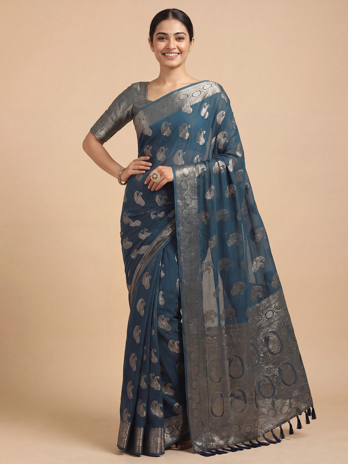 Teal Blue Georgette saree – detail view 3