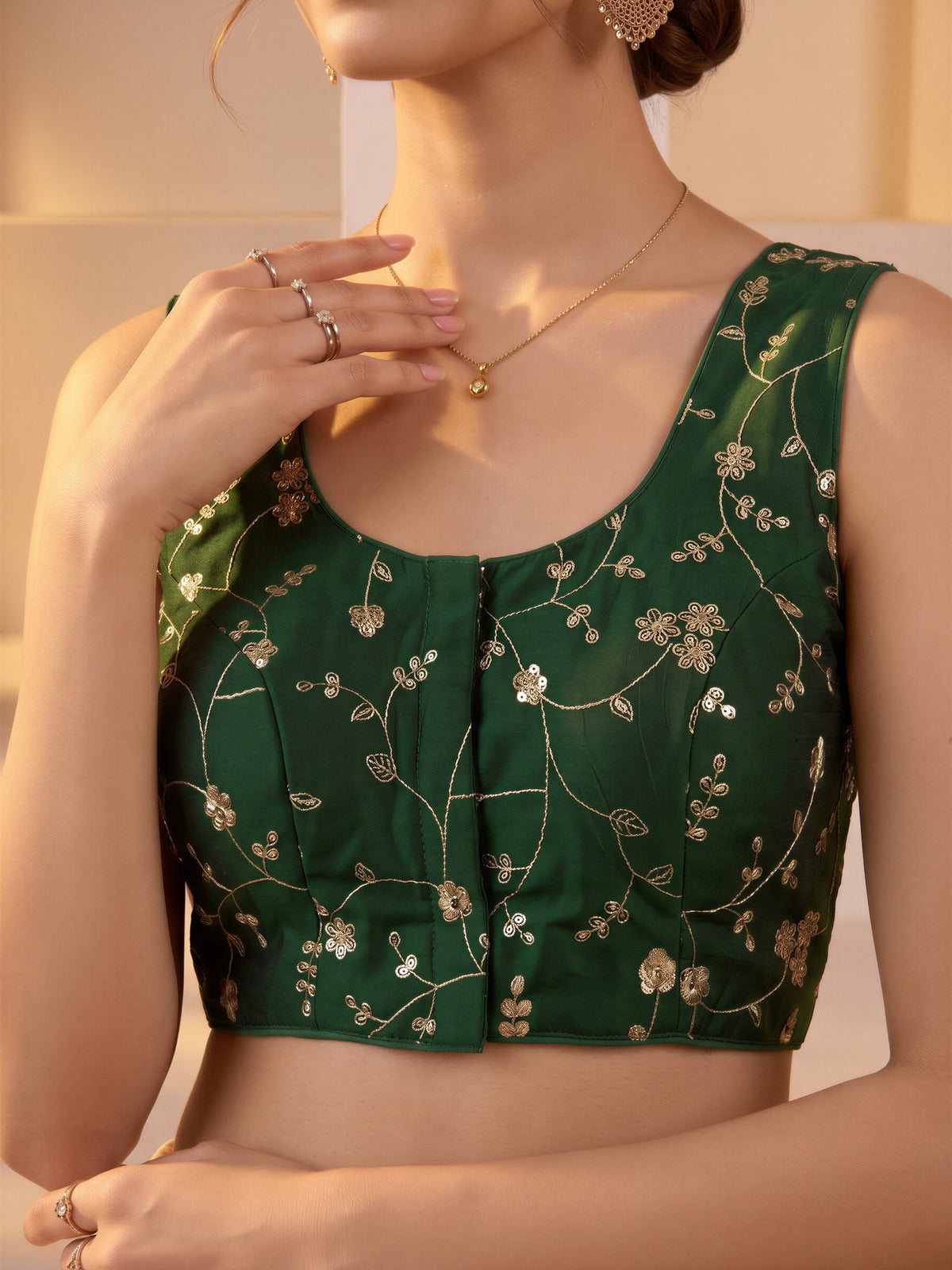 Green sequin embroidered vichitra silk sleeveless readymade saree blouse with round neck view 4