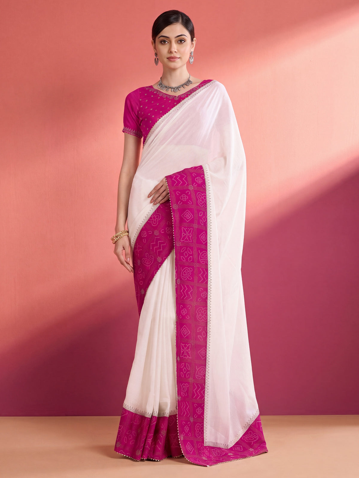 White Vichitra Silk saree – detail view 3