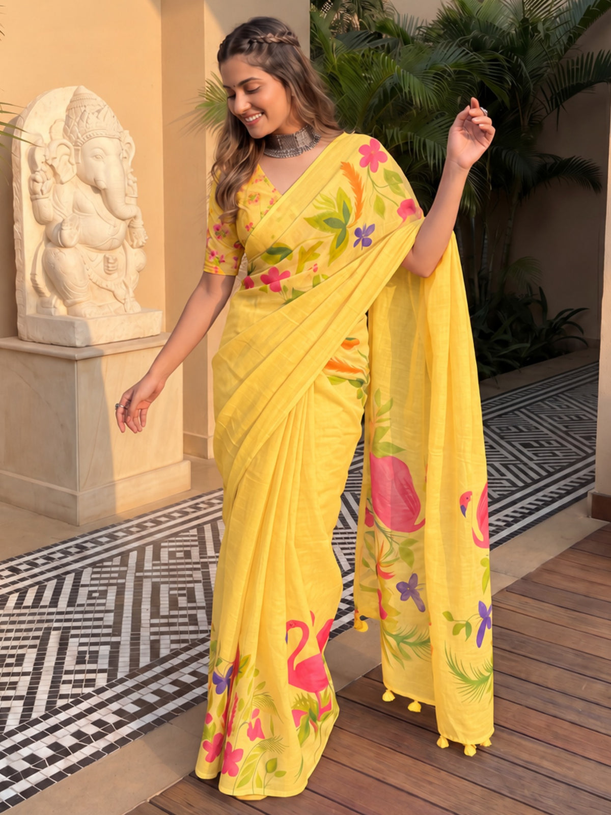 Pink linen saree view 1
