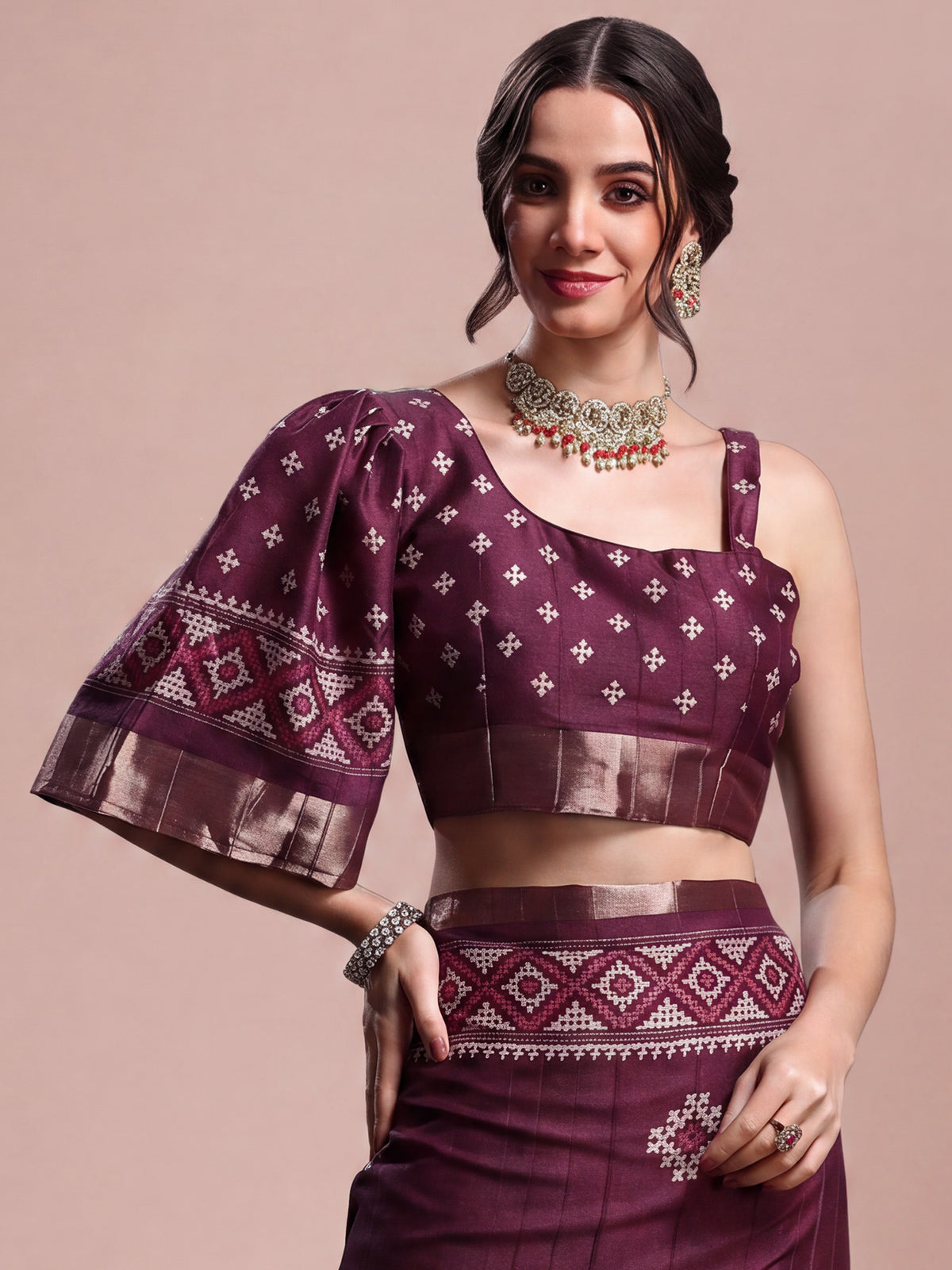 Unstitched magenta silk blend blouse piece with geometric design