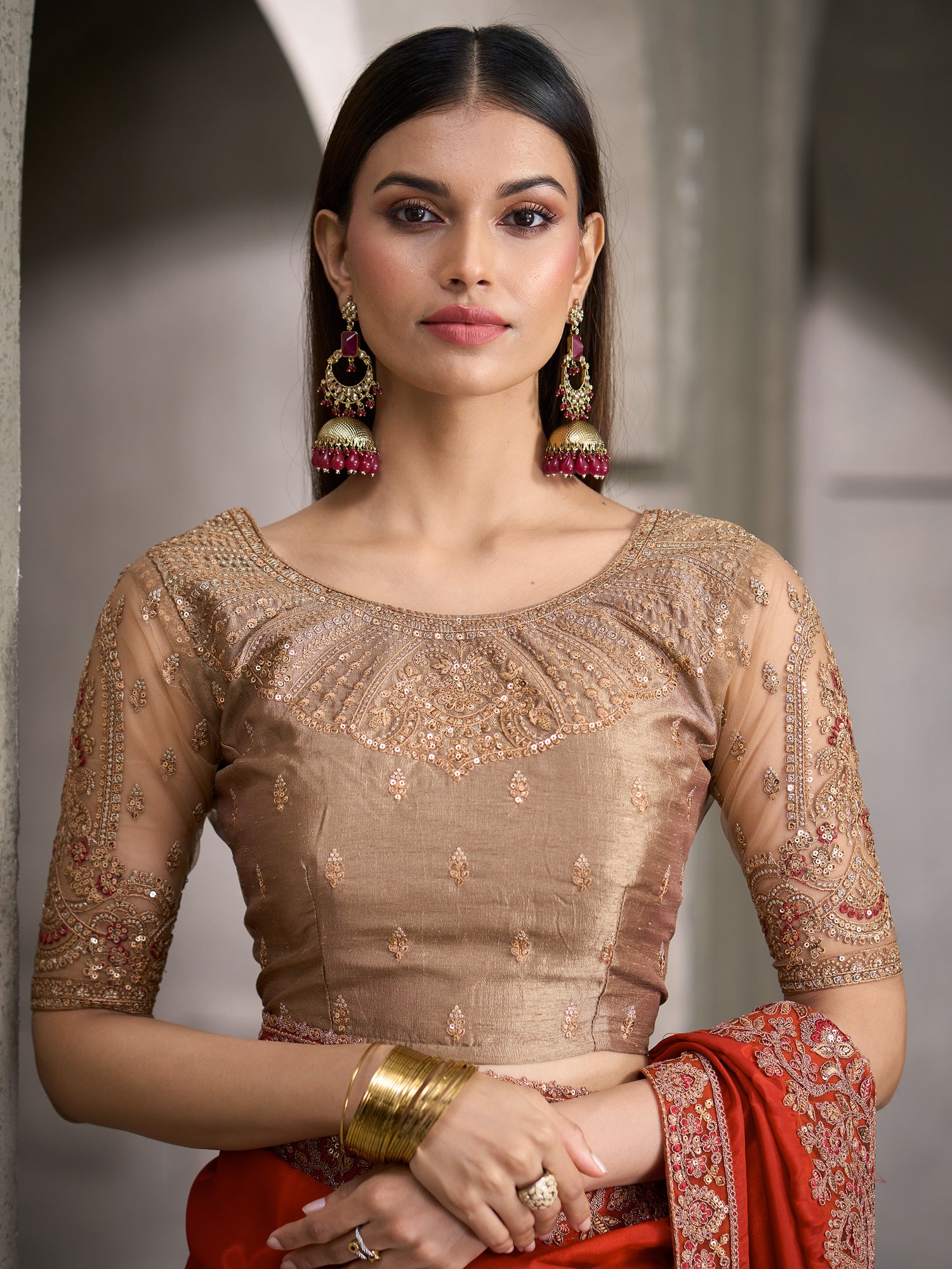 Unstitched beige banglori silk blouse piece with embellished design