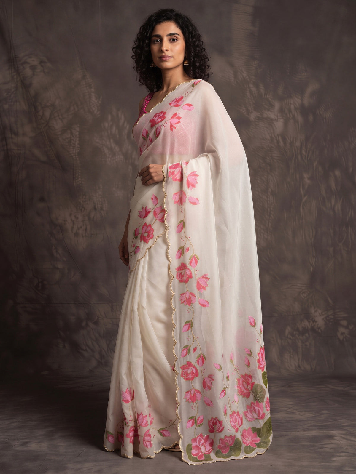 Off White floral satin saree with pink blouse piece