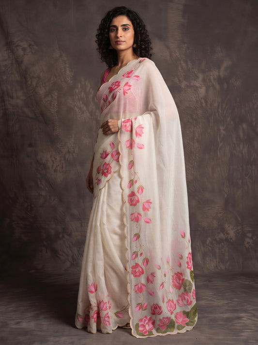 Off White floral satin saree with pink blouse piece