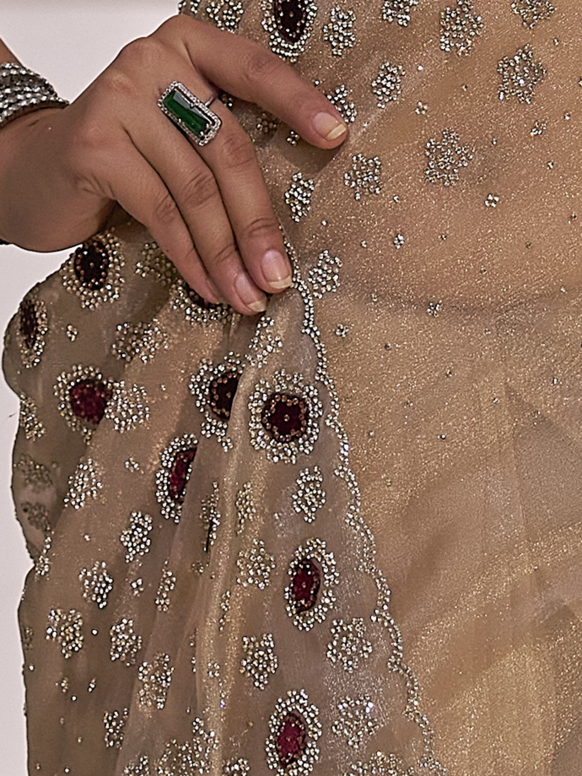 Champagne organza saree view 5