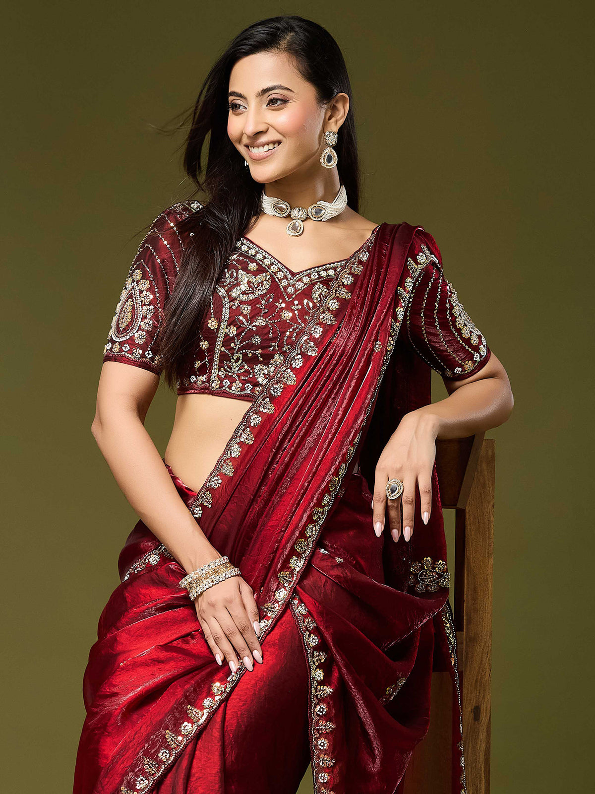 Maroon Satin Silk saree – detail view 4