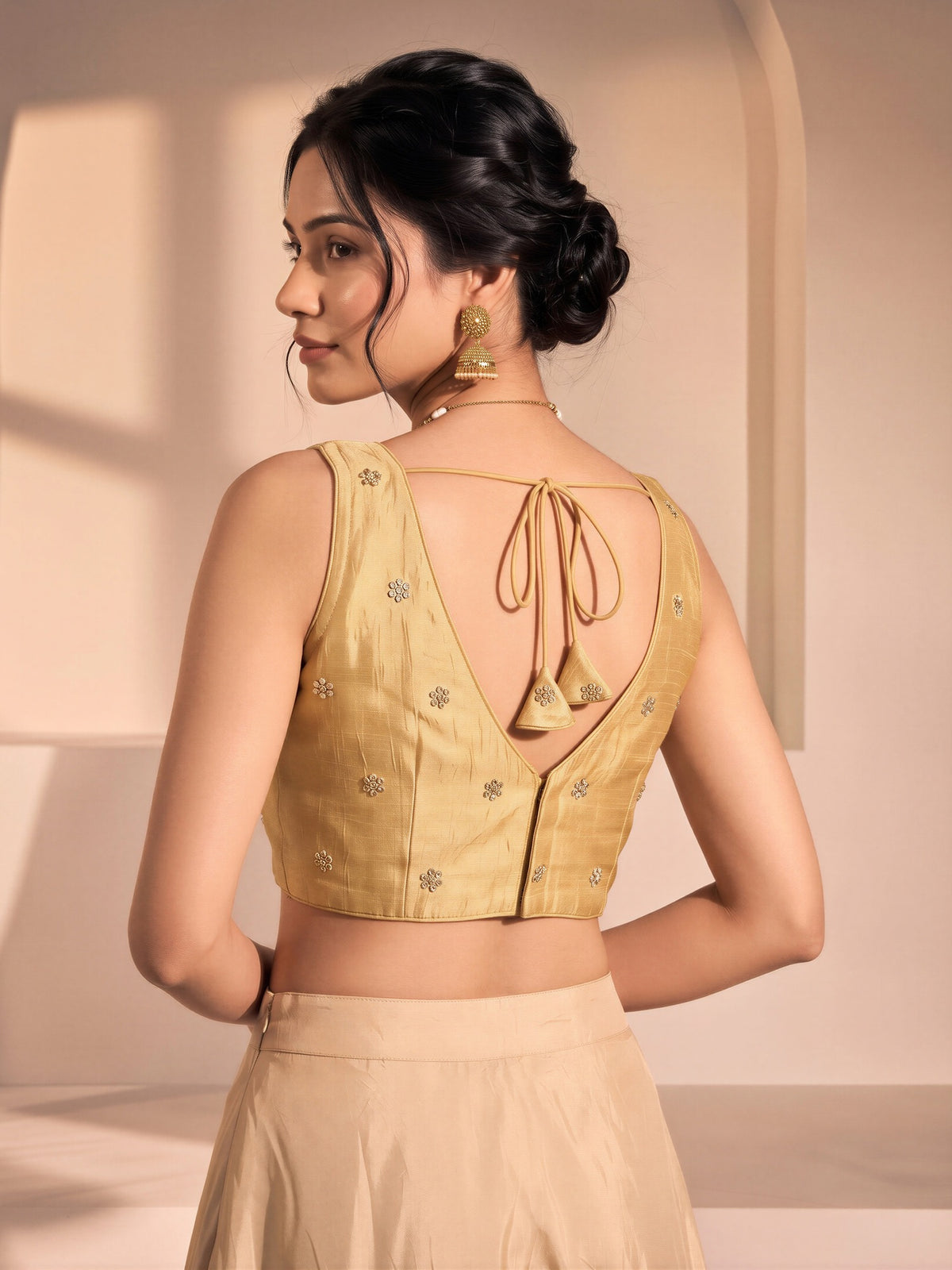 Gold sequin embellished vichitra silk sleeveless readymade saree blouse with v neck view 1