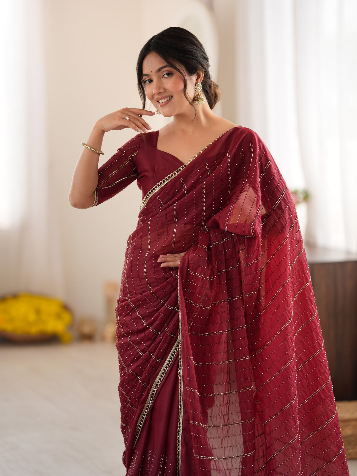 Maroon Georgette saree – detail view 4