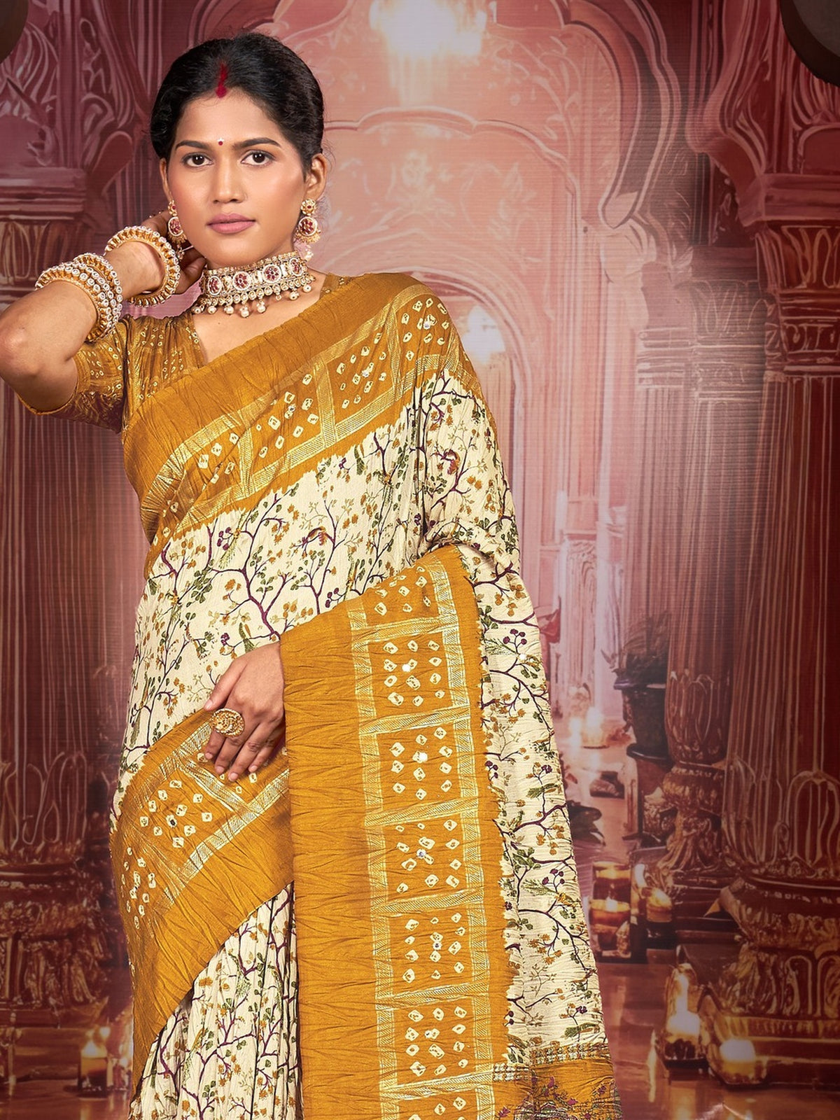 Cream tussar silk saree view 5