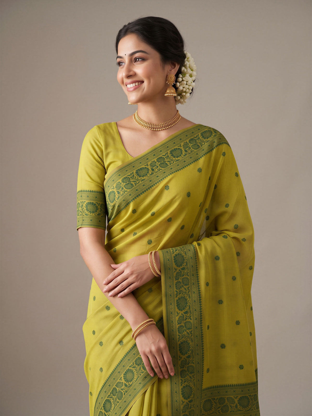 Olive cotton blend saree view 4
