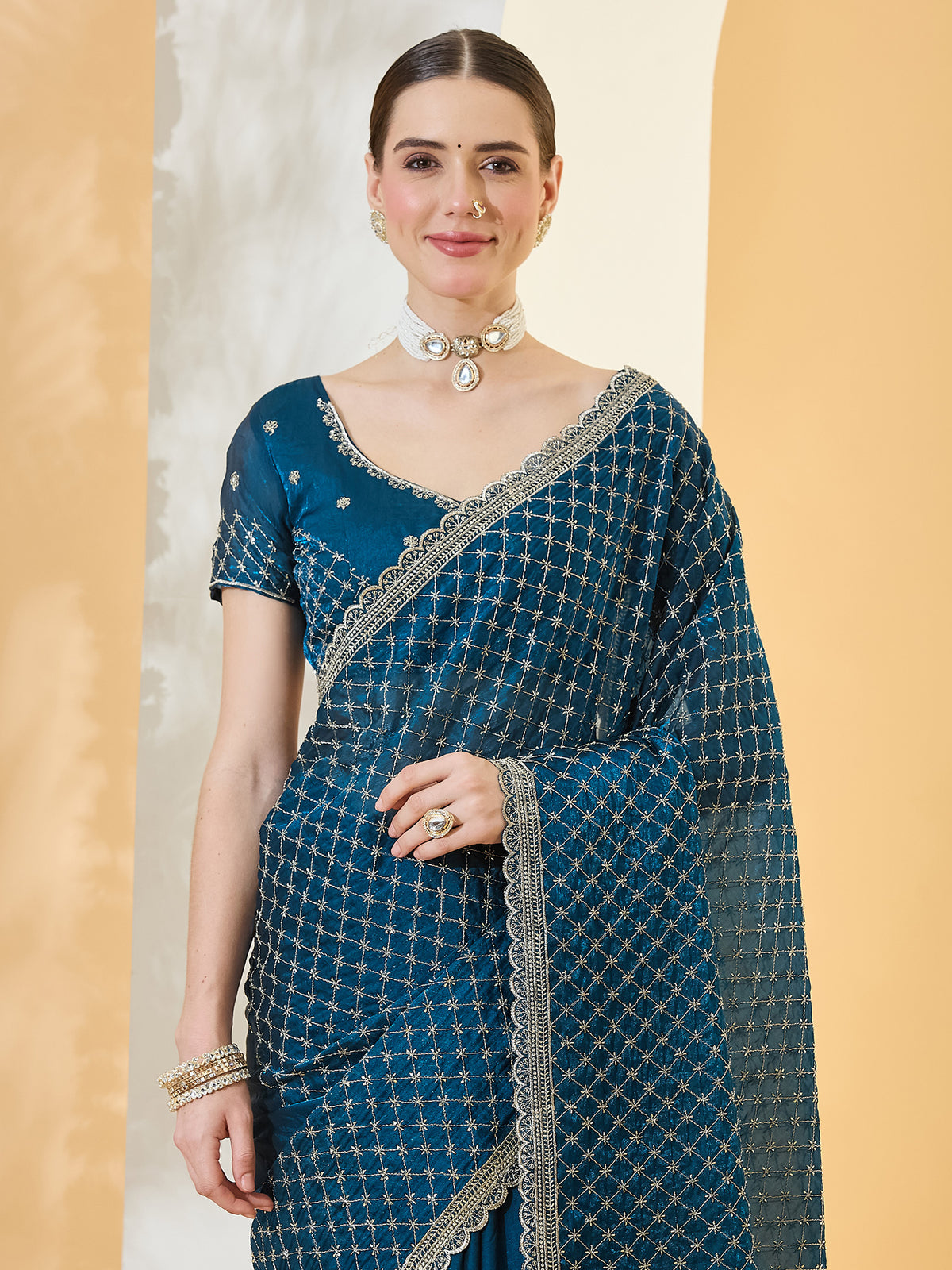 Teal Blue Satin saree – detail view 4