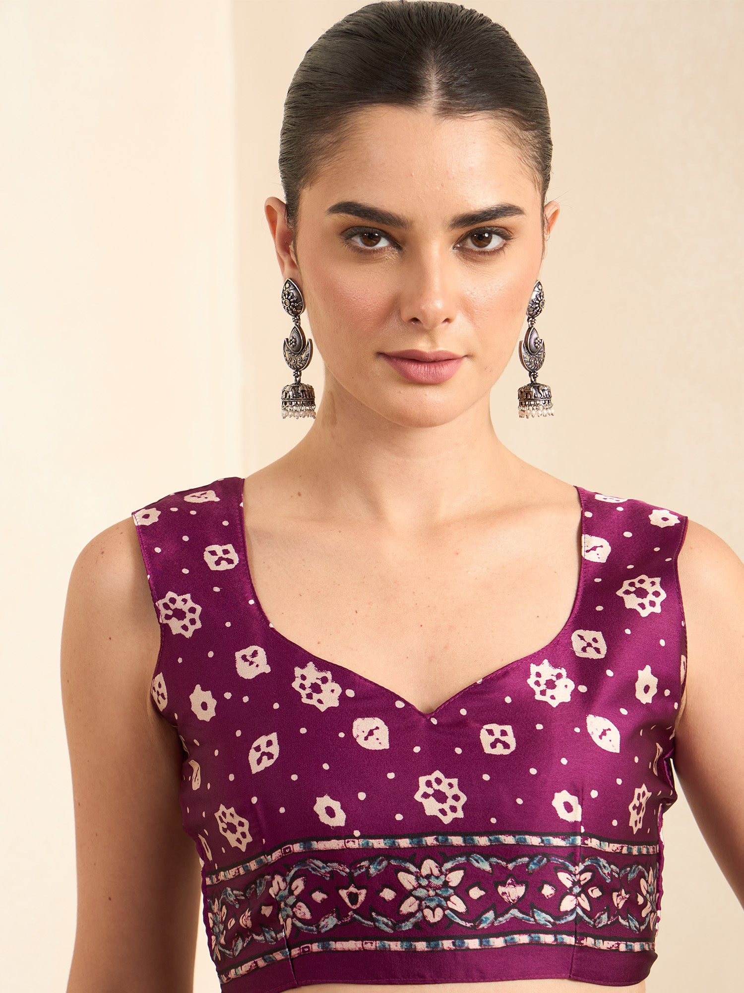 Unstitched magenta pure crepe blouse piece with ajrak design