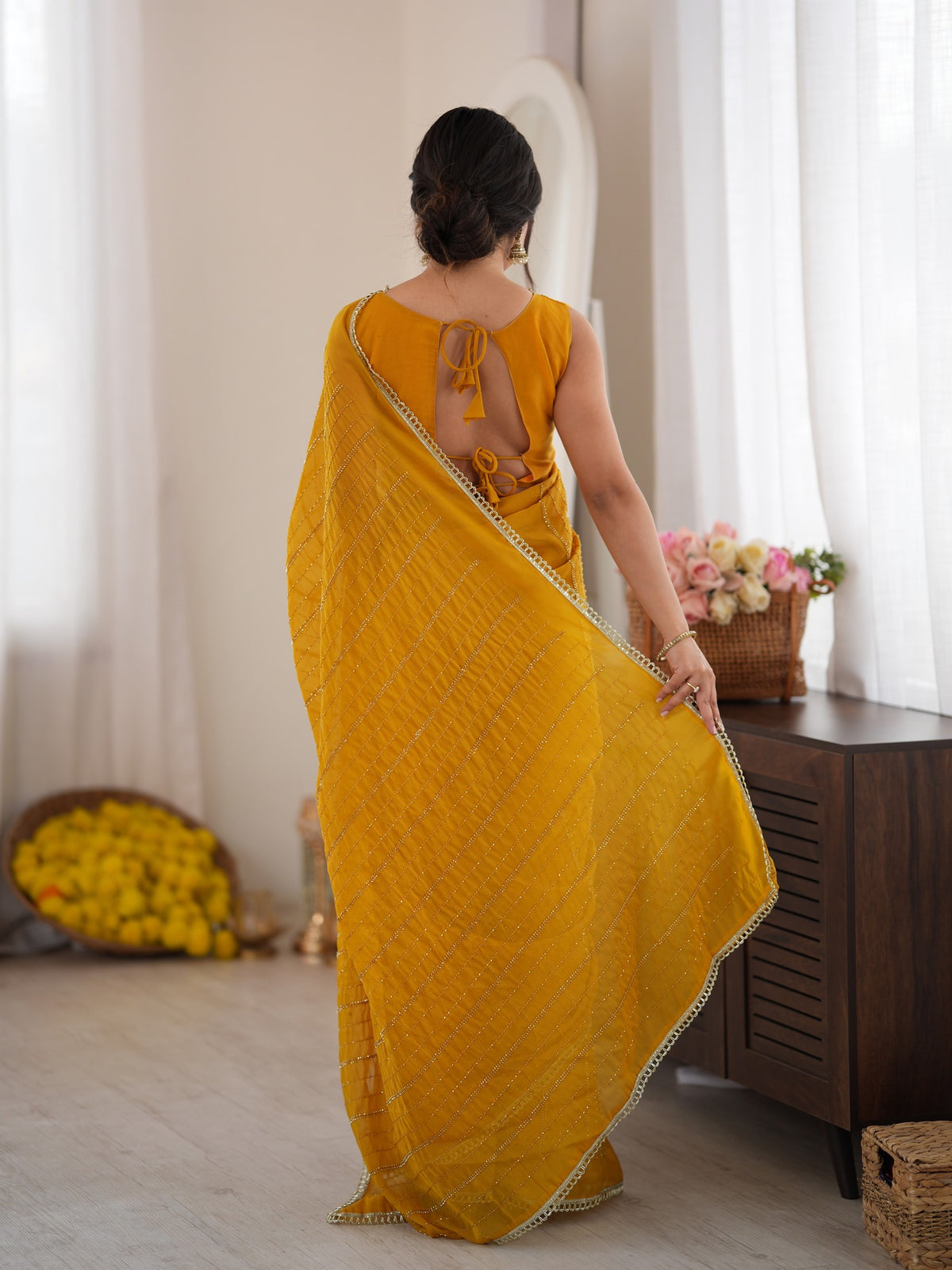 Mustard Georgette saree – detail view 3
