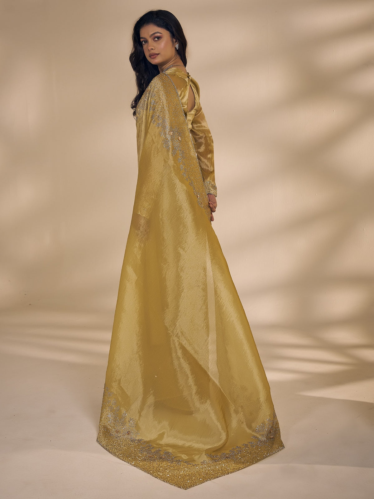 Yellow organza saree view 1