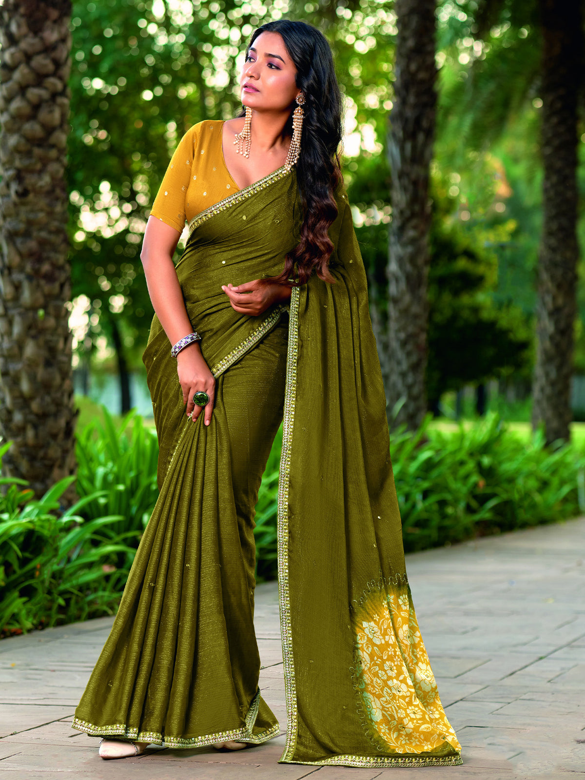 Olive embroidered chiffon saree with mustard blouse piece