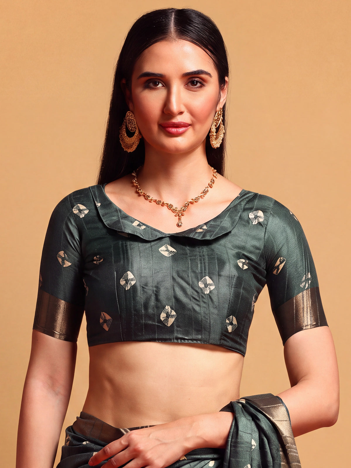 Unstitched teal green silk blend blouse piece with bandhani design