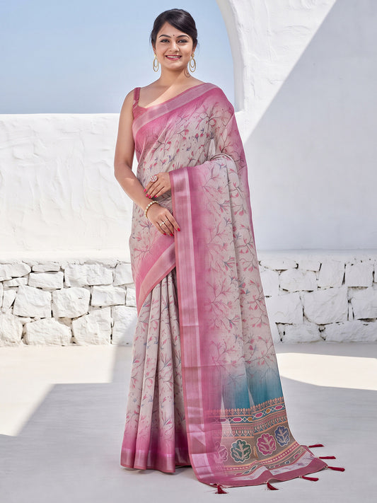 Woman wearing grey cotton silk saree with traditional indian motif work and pink blouse