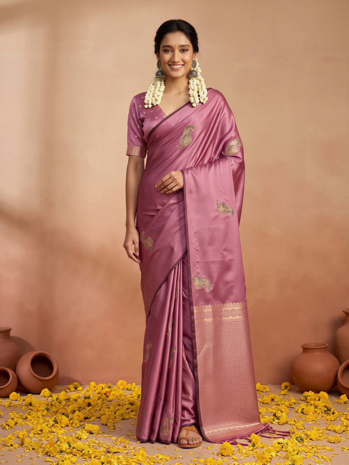 Woman wearing mauve satin silk saree with animal-print design and mauve blouse