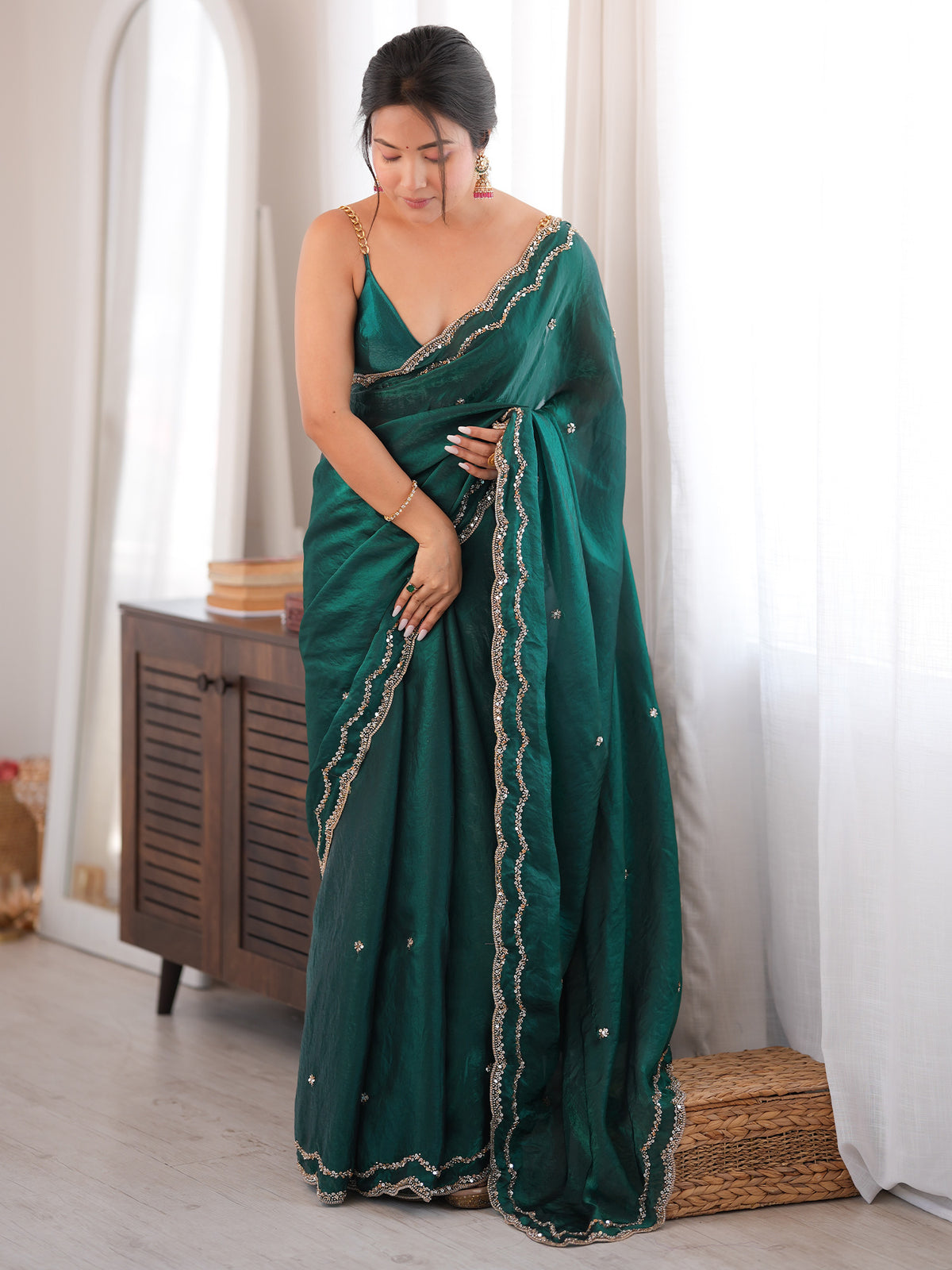 Teal Green Satin Silk saree – detail view 2