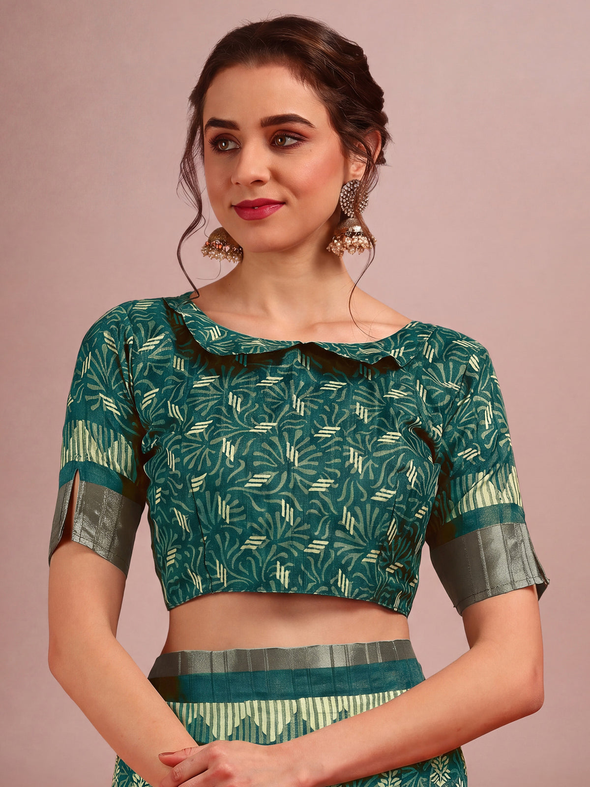 Unstitched teal green cotton silk blouse piece with ethnic motif design
