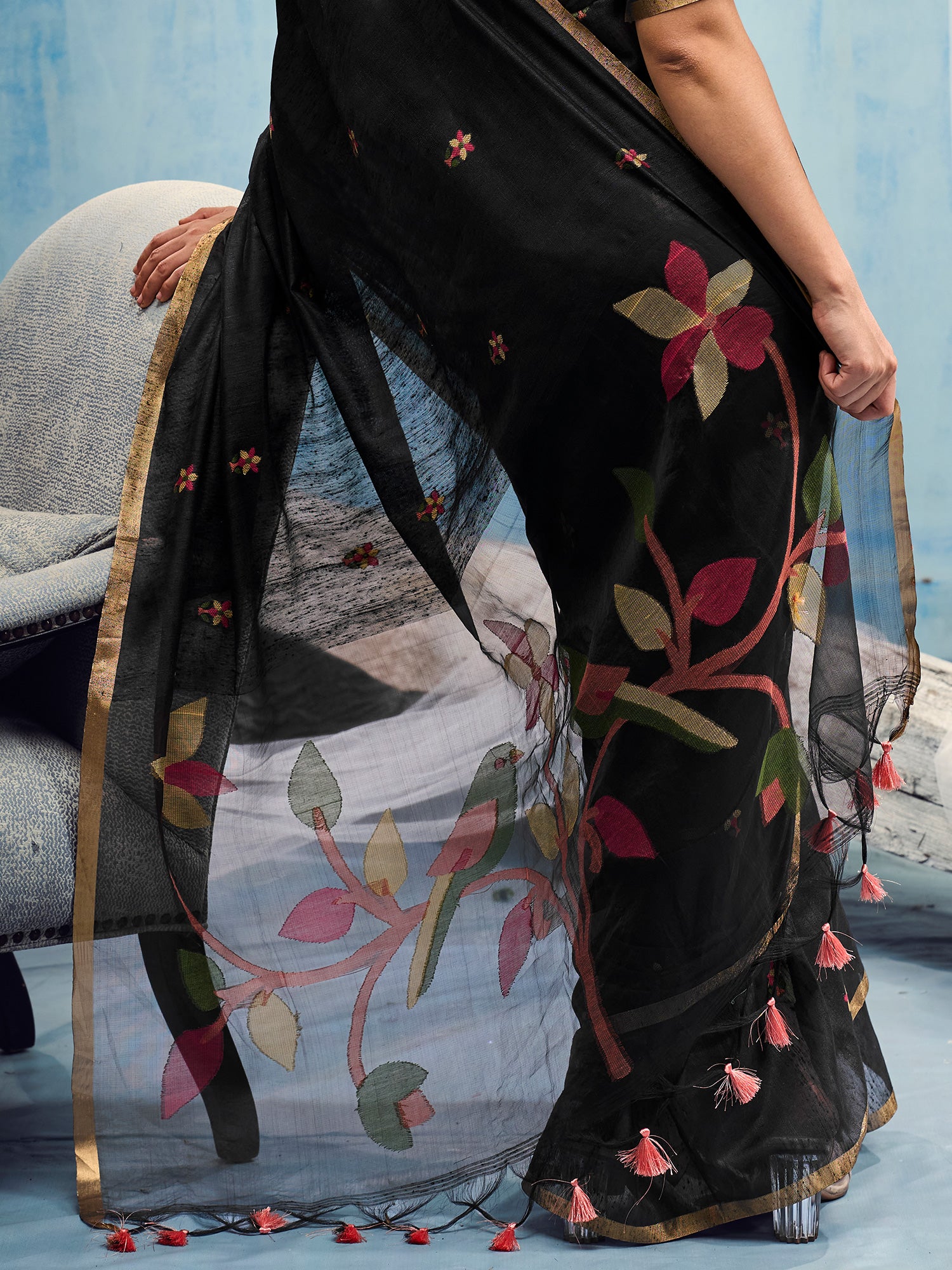 Black Muga Cotton saree – detail view 5