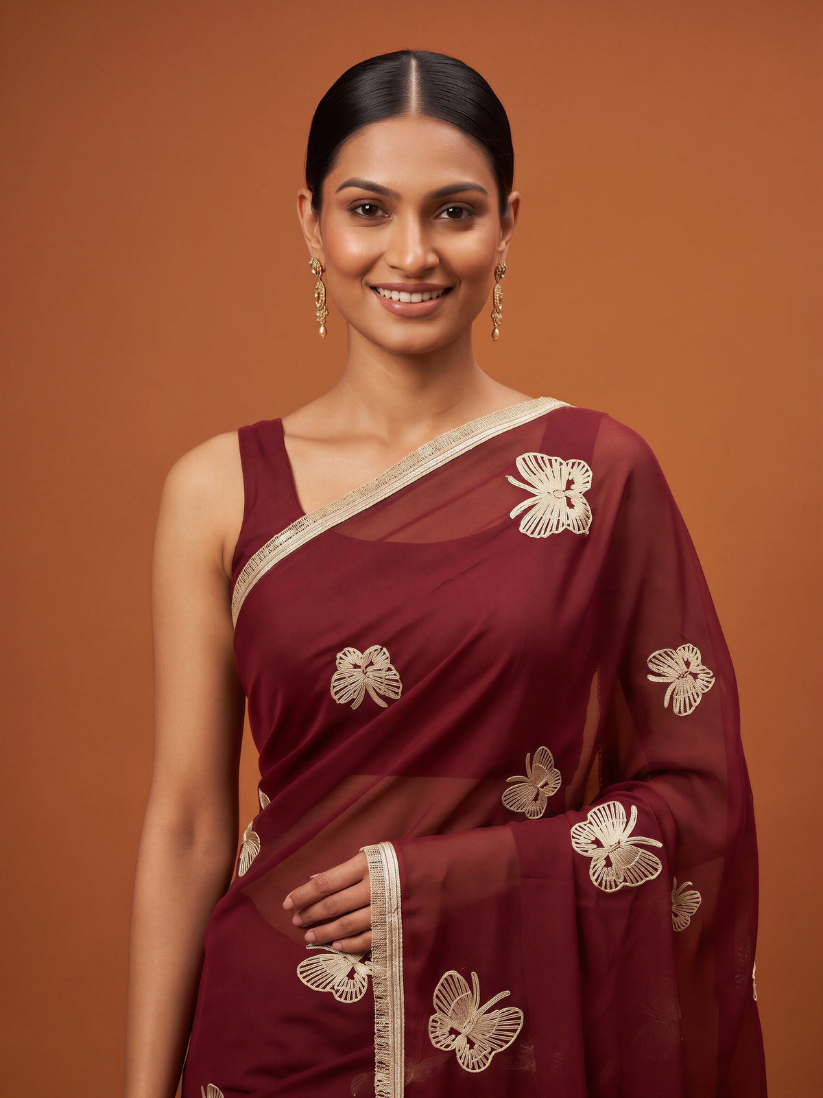 Maroon Georgette saree – detail view 4