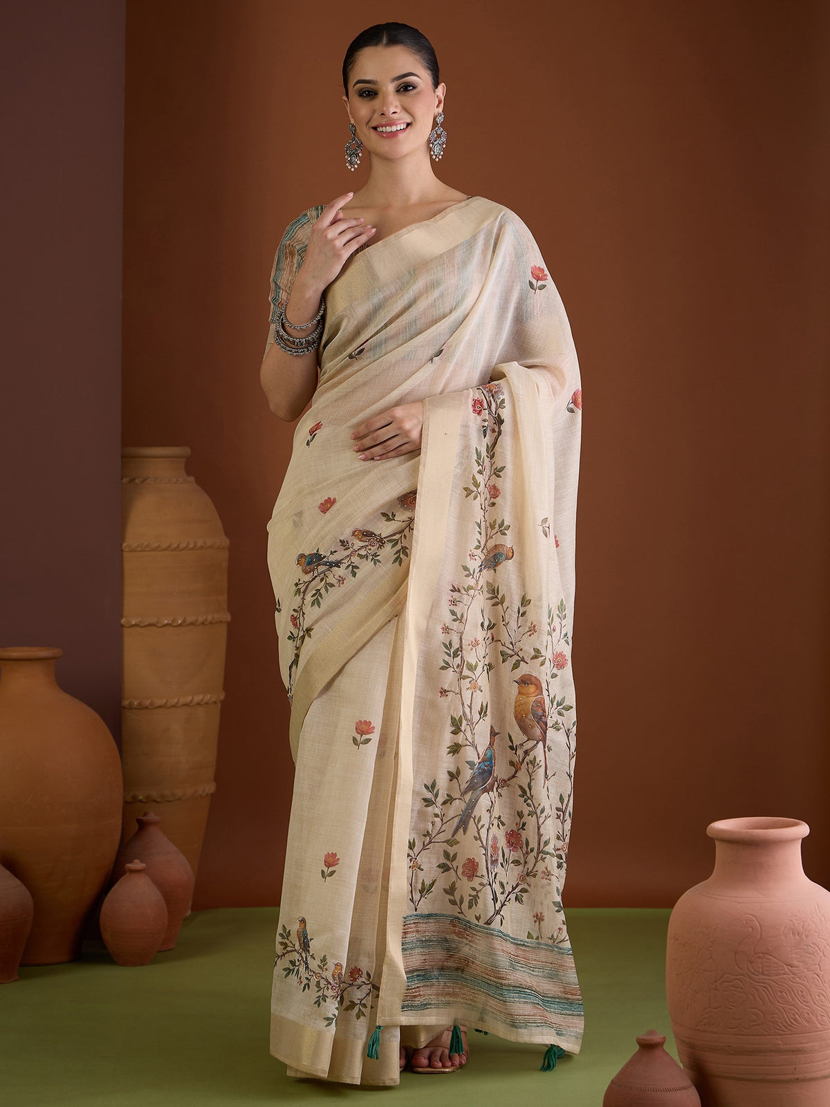 Beige ethnic motif linen blend saree with beige blouse piece