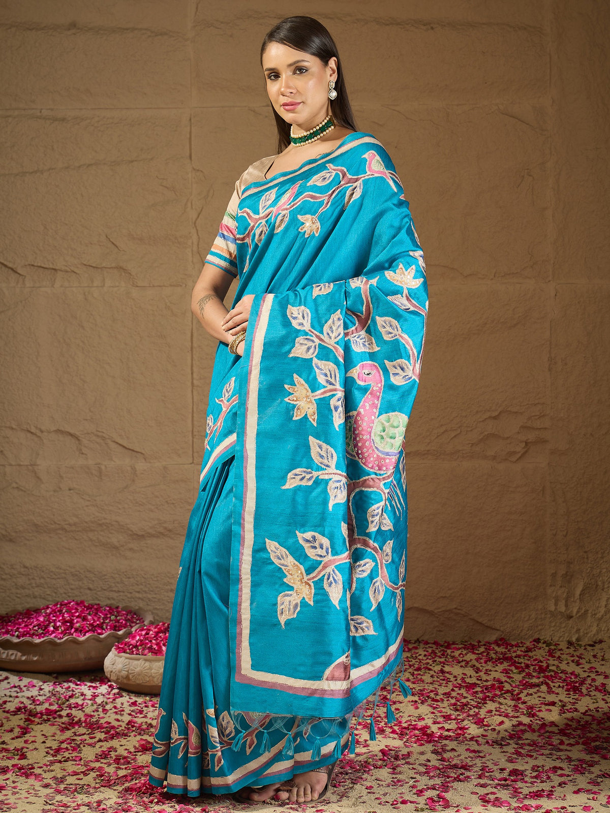 Turquoise Blue art silk saree view 3