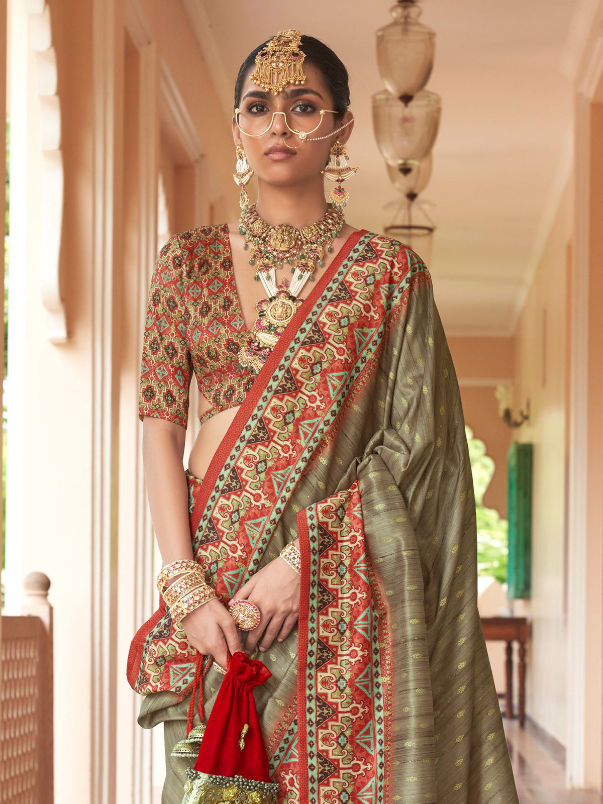 Olive silk blend saree view 2