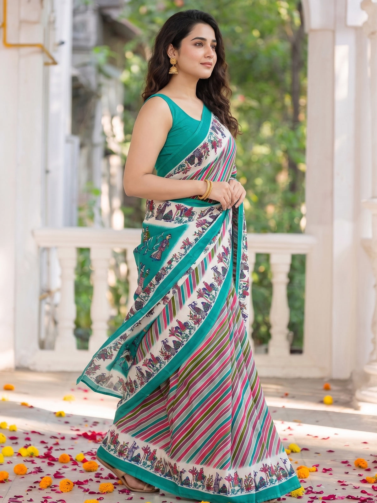 Teal Green crepe saree view 1
