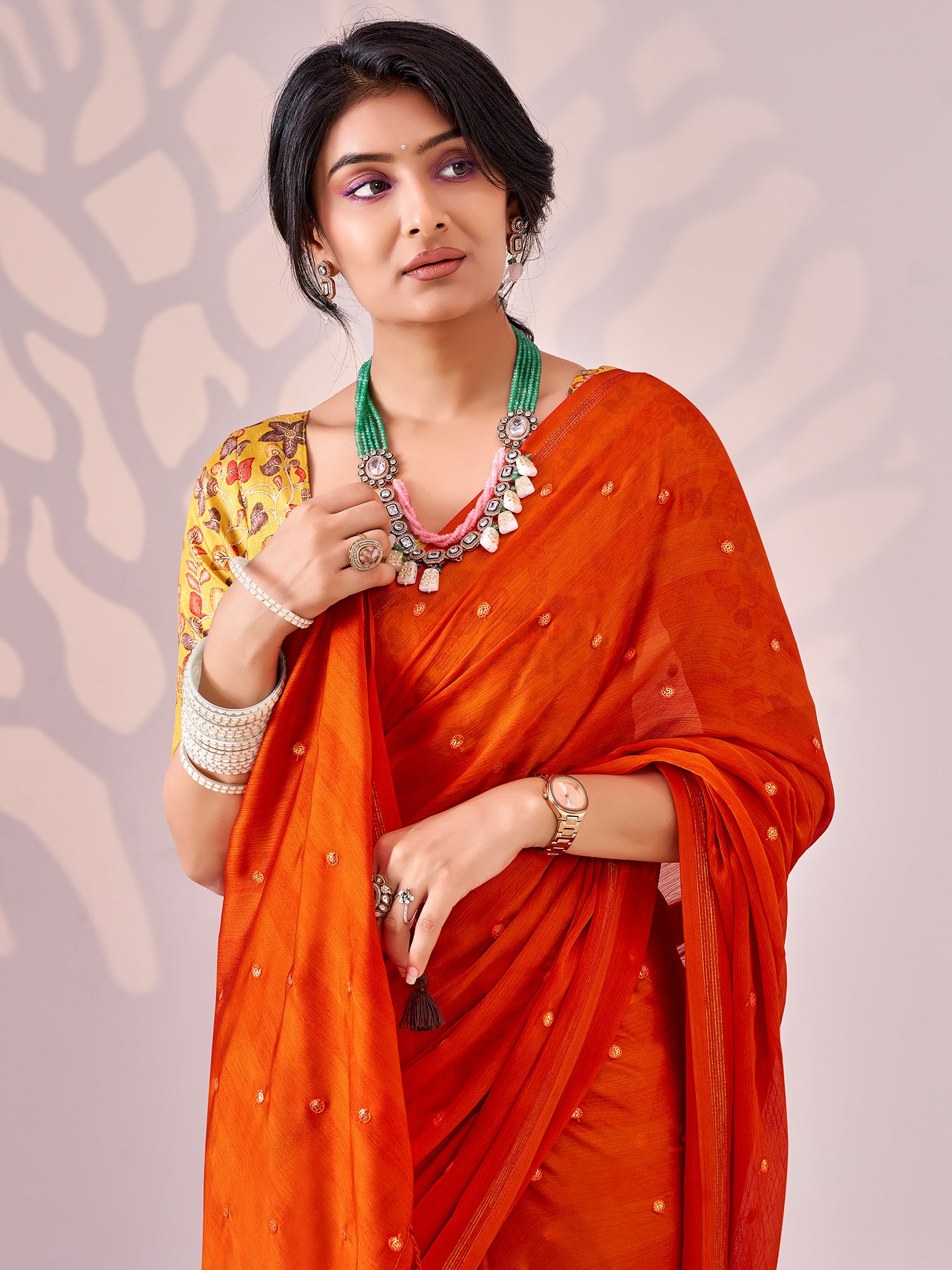 Orange Chiffon saree – detail view 3