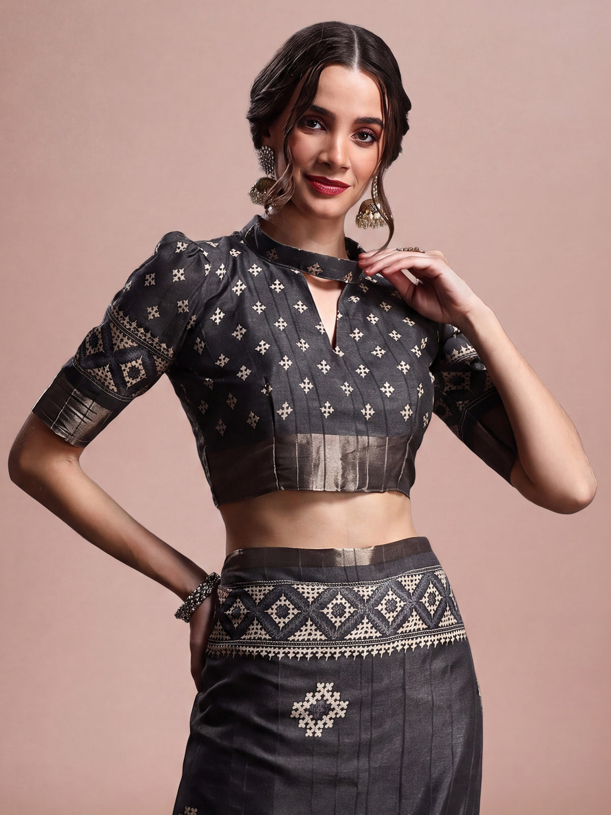 Unstitched black silk blend blouse piece with geometric design