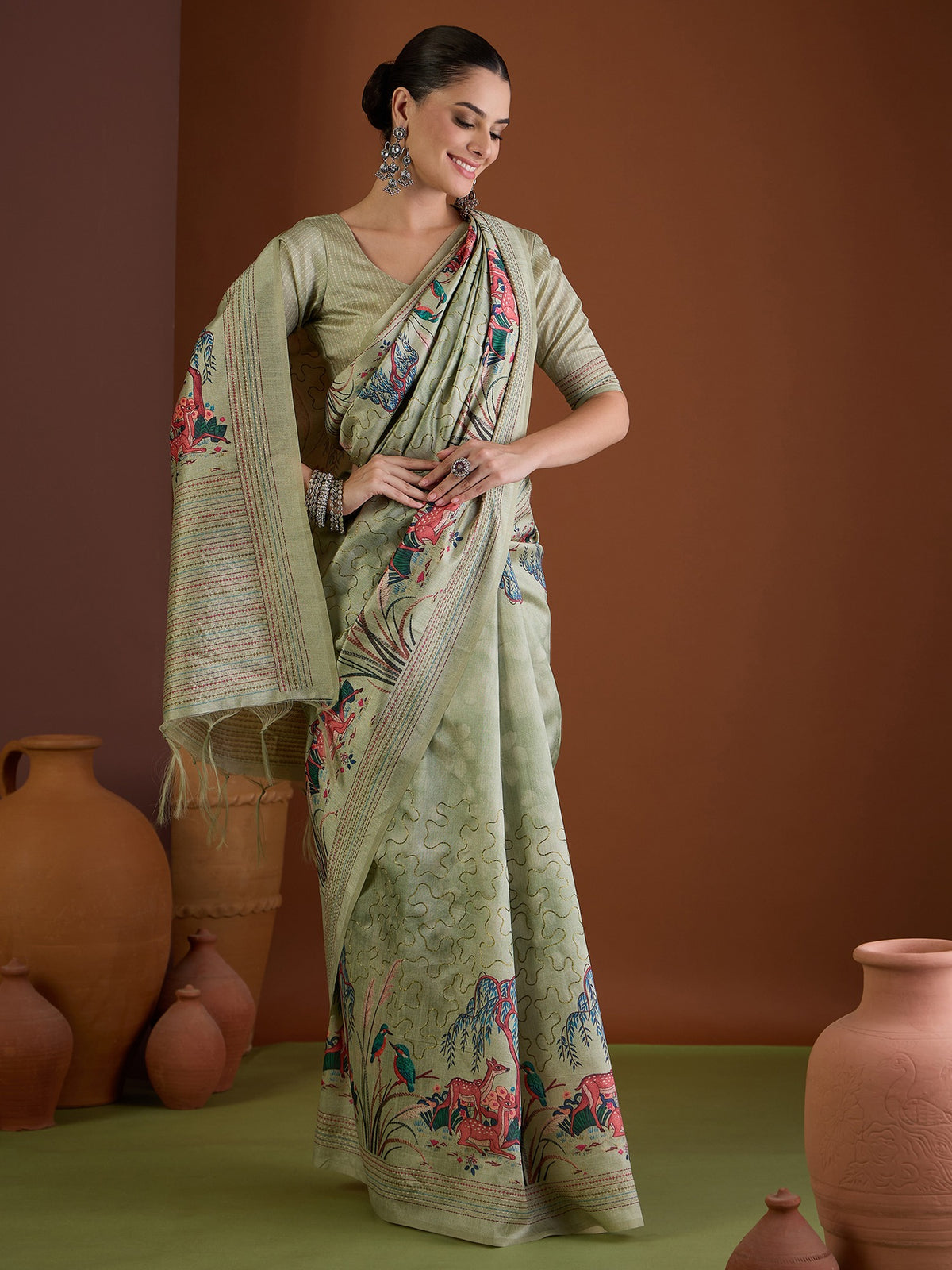 Sea Green art silk saree view 4