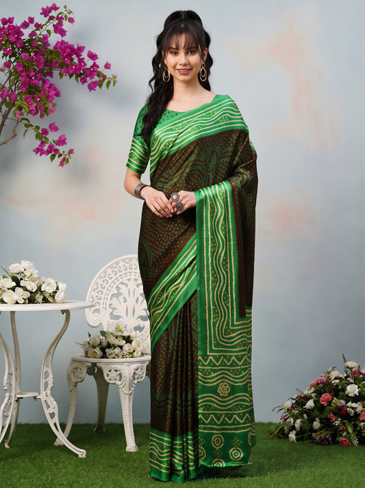 Woman wearing brown satin silk saree with bandhani tie-dye dot work and green blouse
