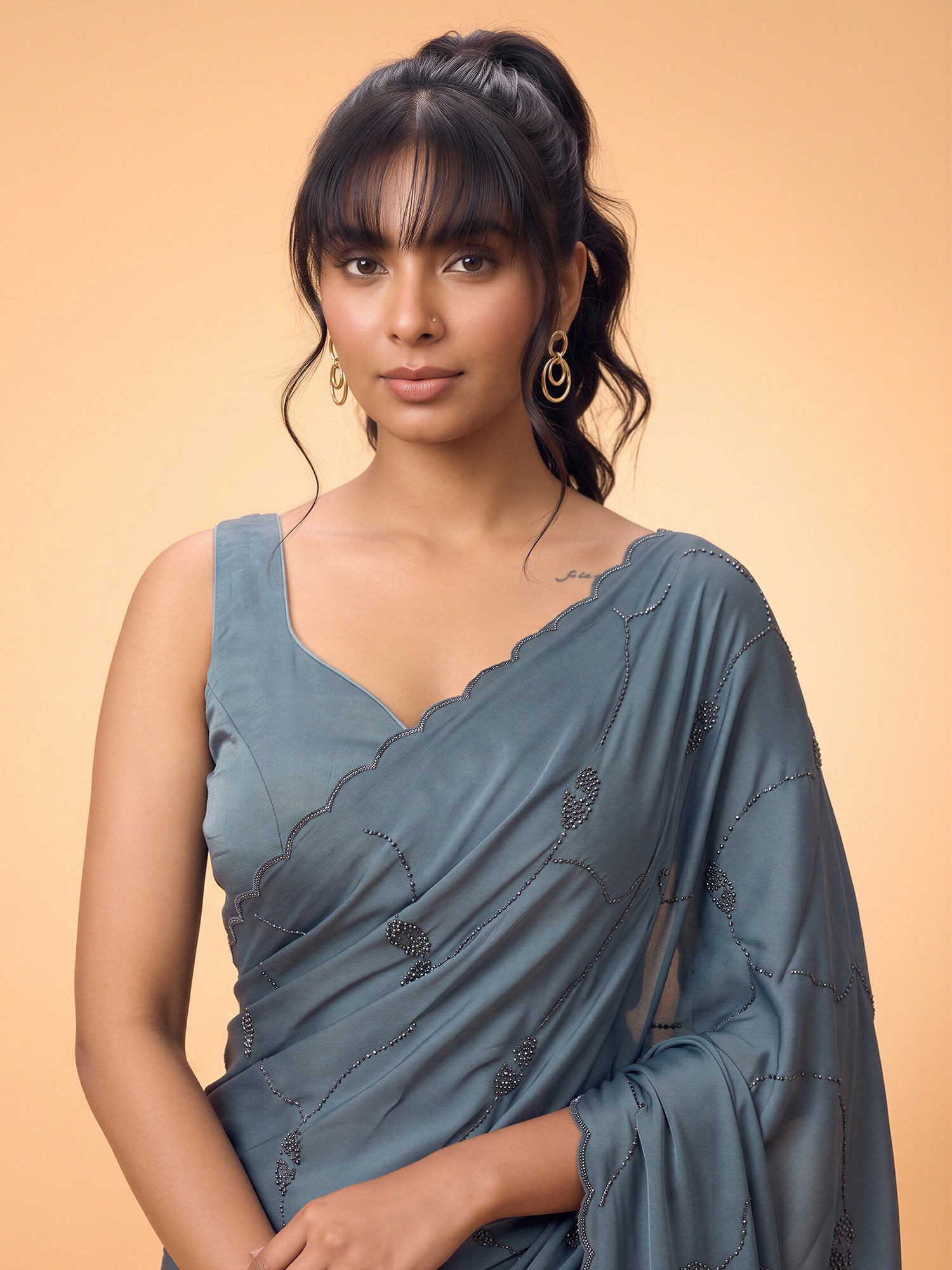 Teal Blue Satin Silk saree – detail view 4