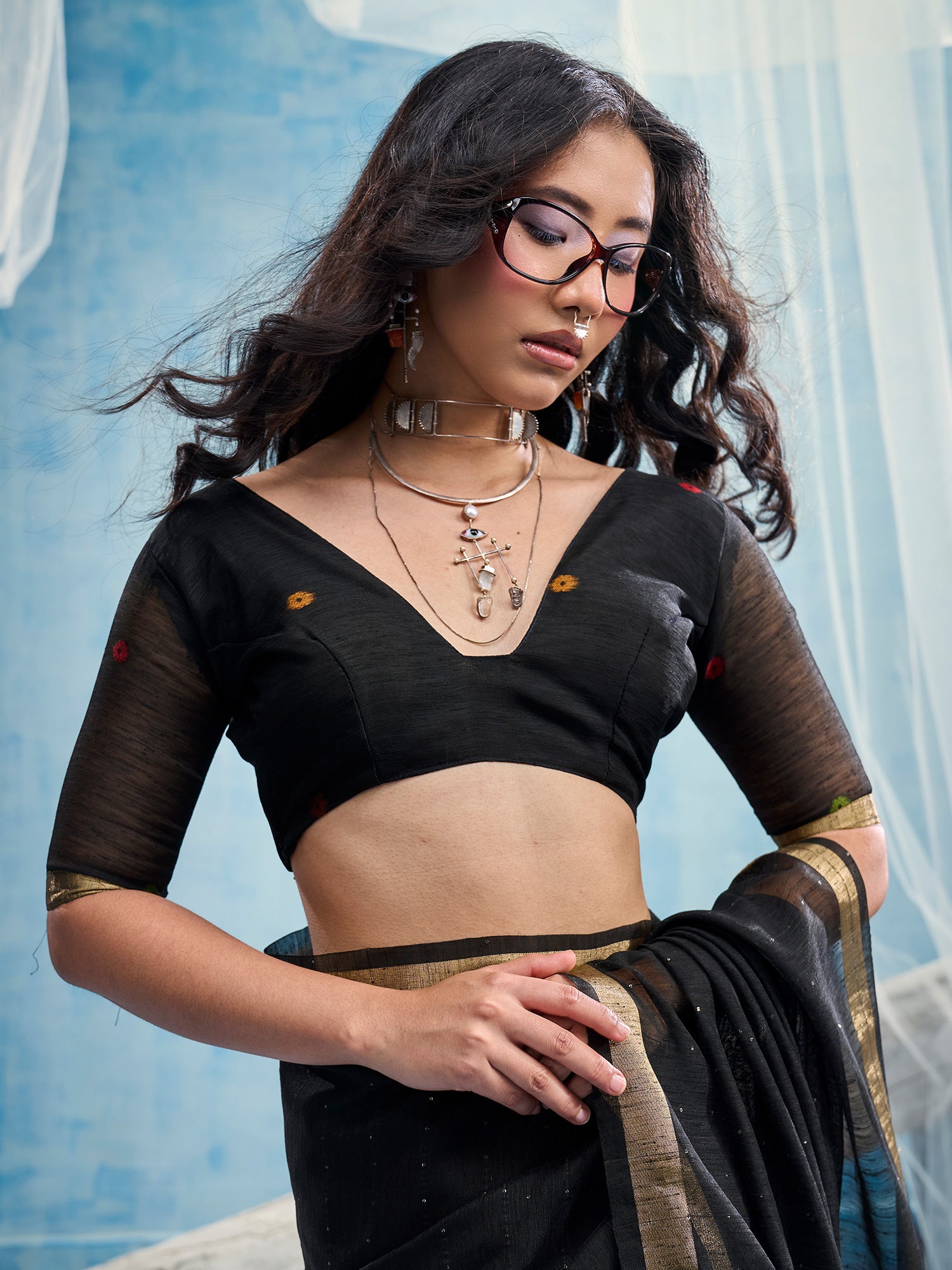 Unstitched black muga silk blouse piece with woven design design