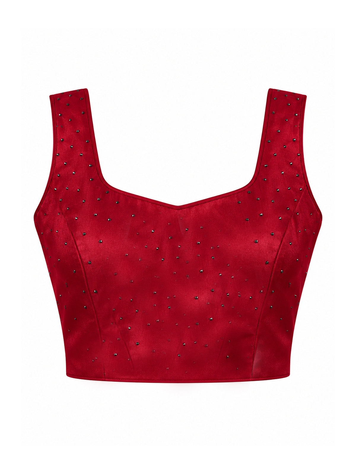 Unstitched red satin silk blouse piece with embellished design