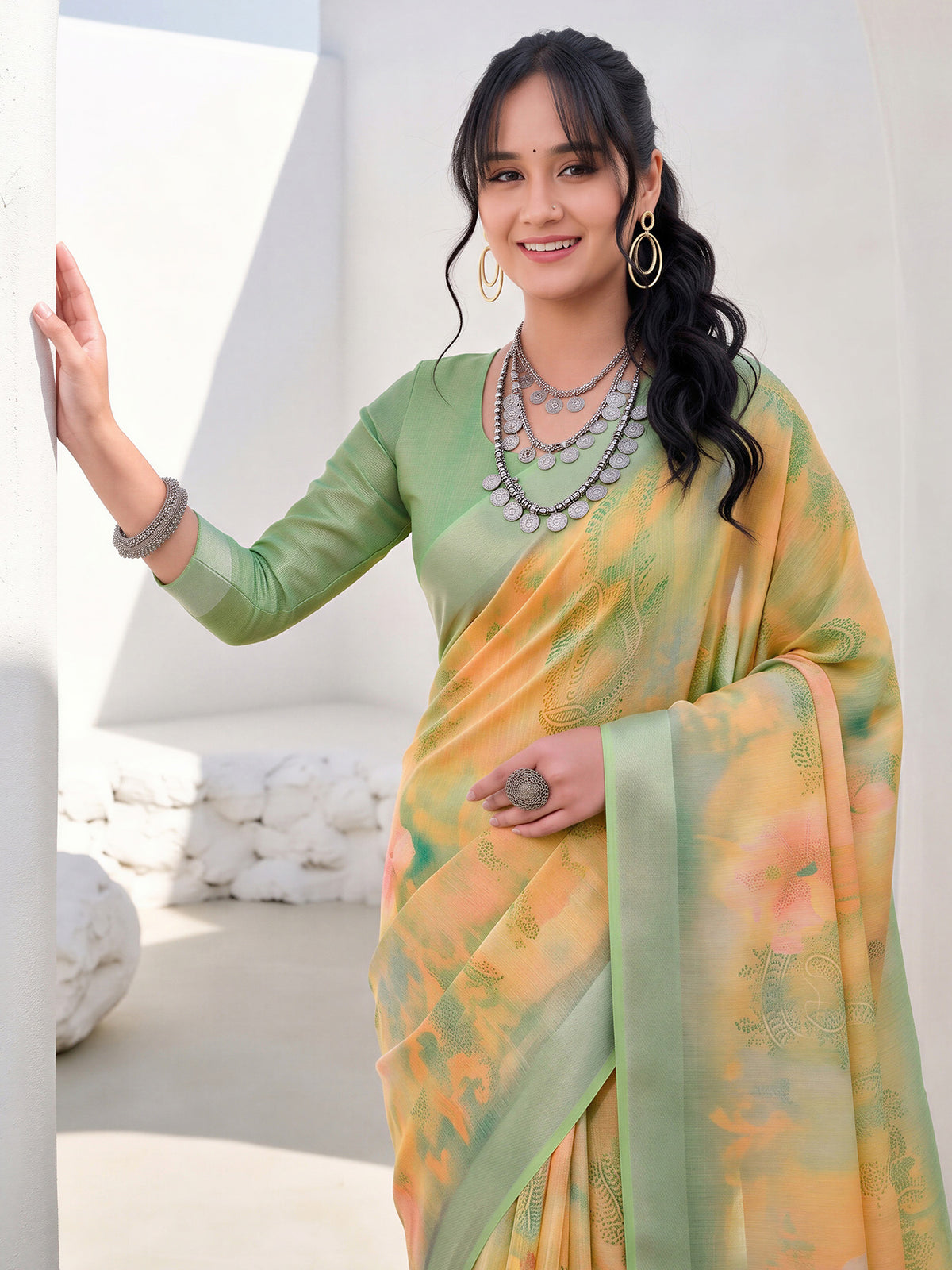 Yellow Cotton Linen saree – detail view 4