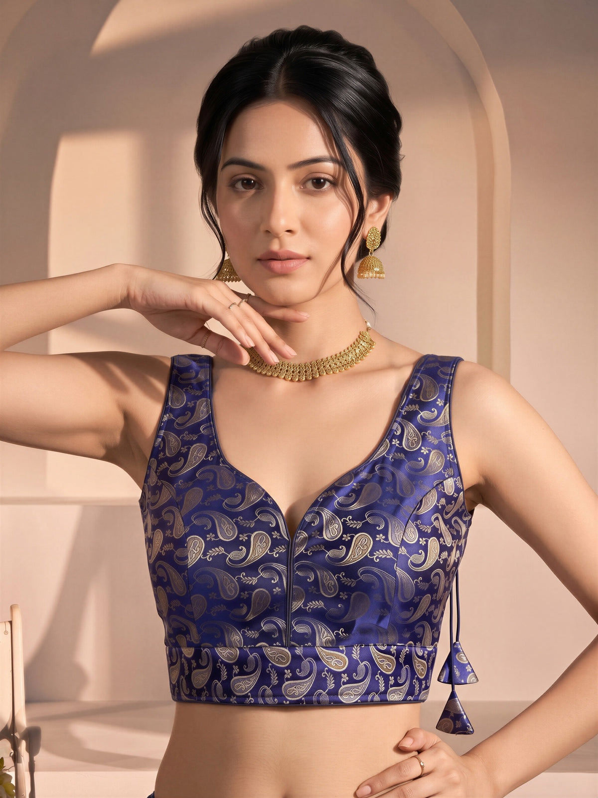 Navy Blue woven brocade silk blend sleeveless readymade saree blouse with v neck view 2