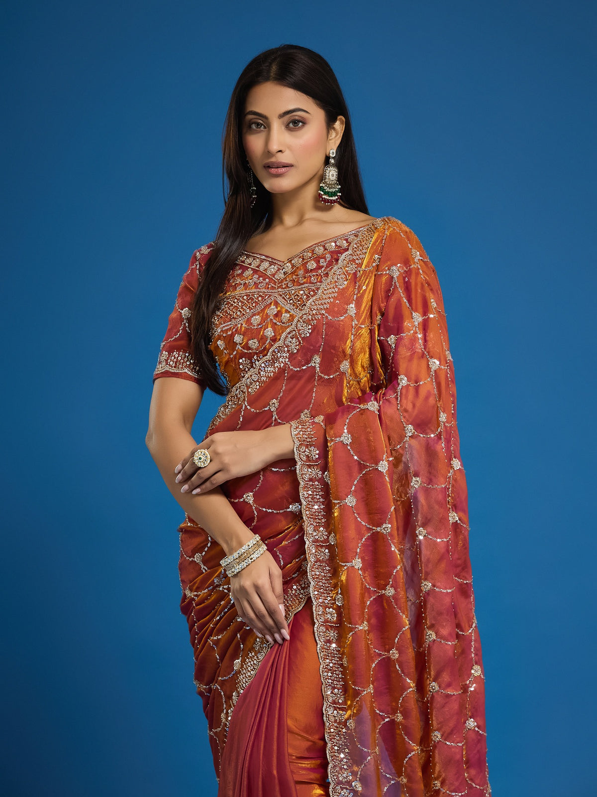 Orange Satin saree – detail view 5