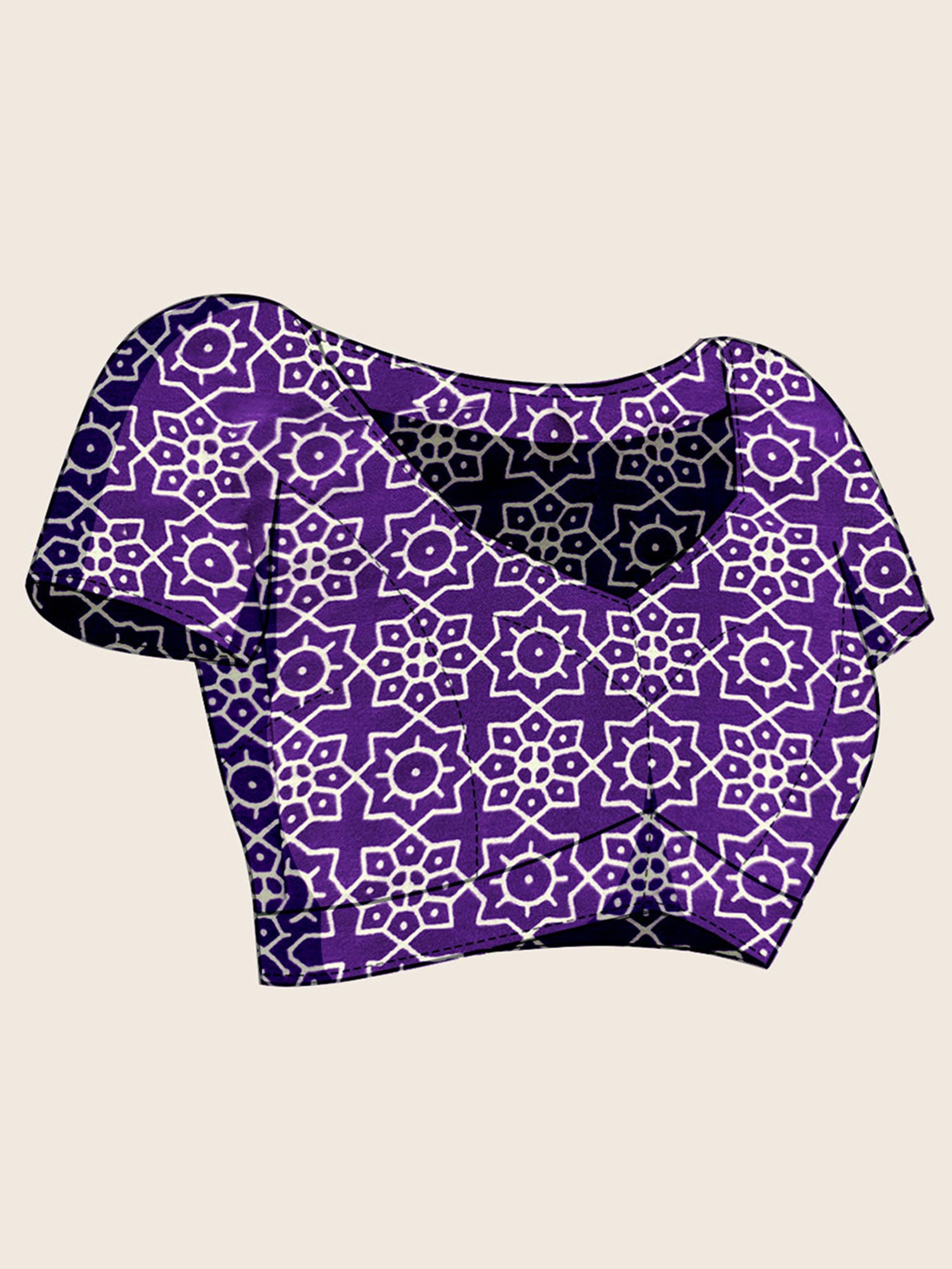 Unstitched purple satin blouse piece with ajrak design