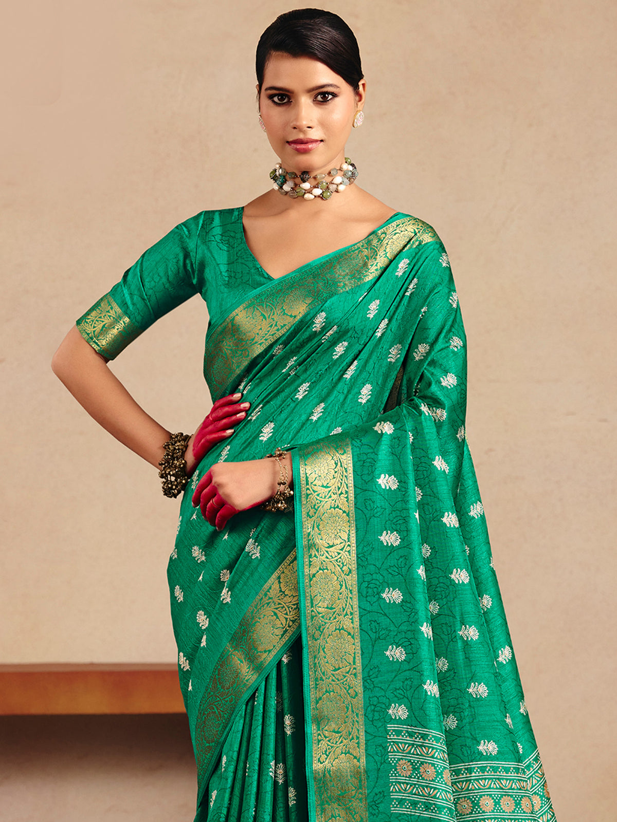 Teal Green Tussar Silk saree – detail view 5