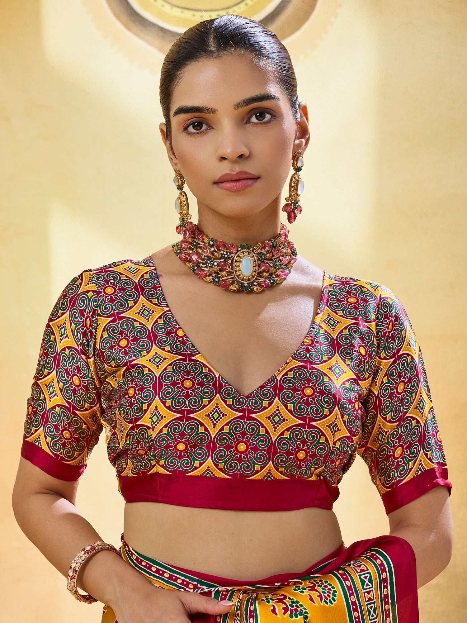 Unstitched mustard satin blouse piece with ajrak design
