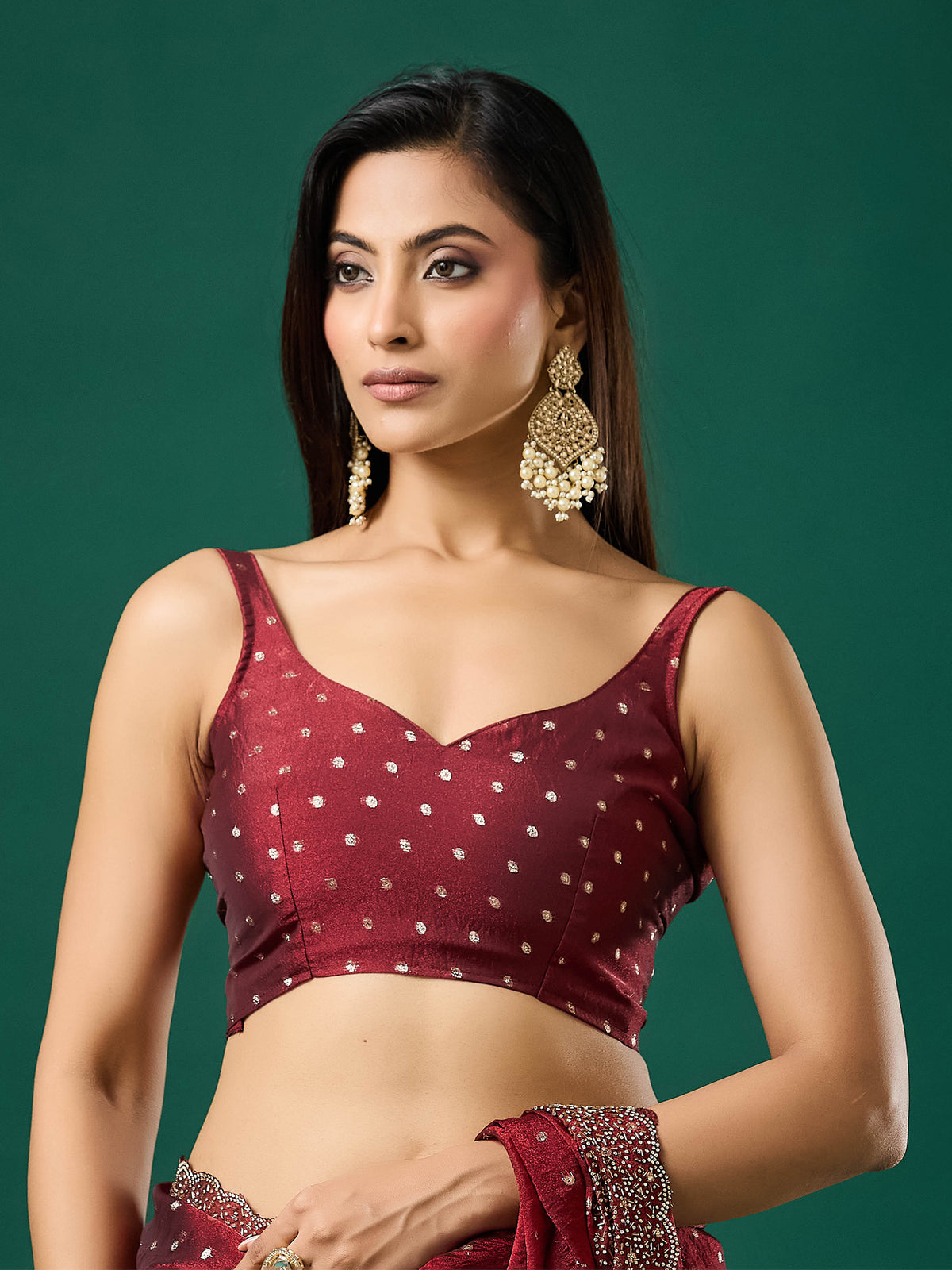 Unstitched maroon silk blend blouse piece with zari butta design