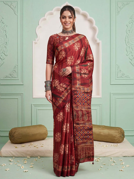 Woman wearing maroon pure crepe saree with ajrak block-print motif work and maroon blouse