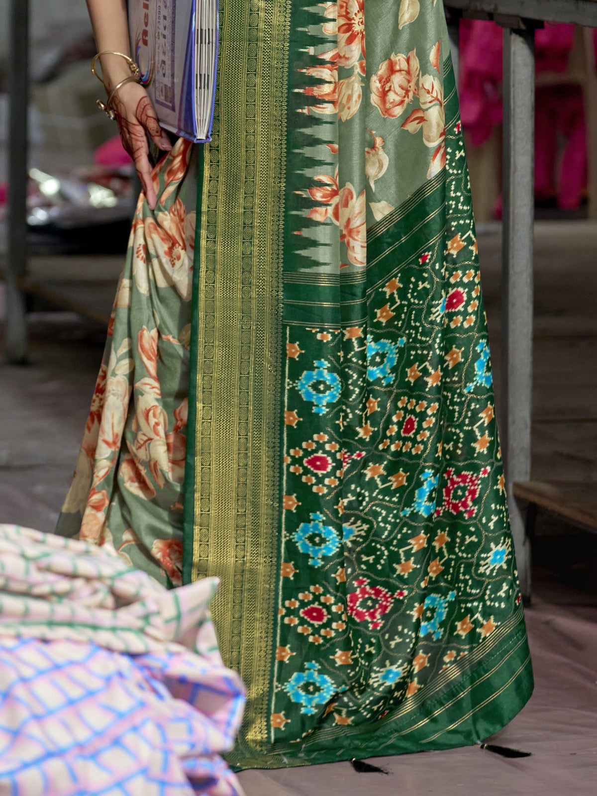 Sea Green Tussar Silk saree – detail view 1