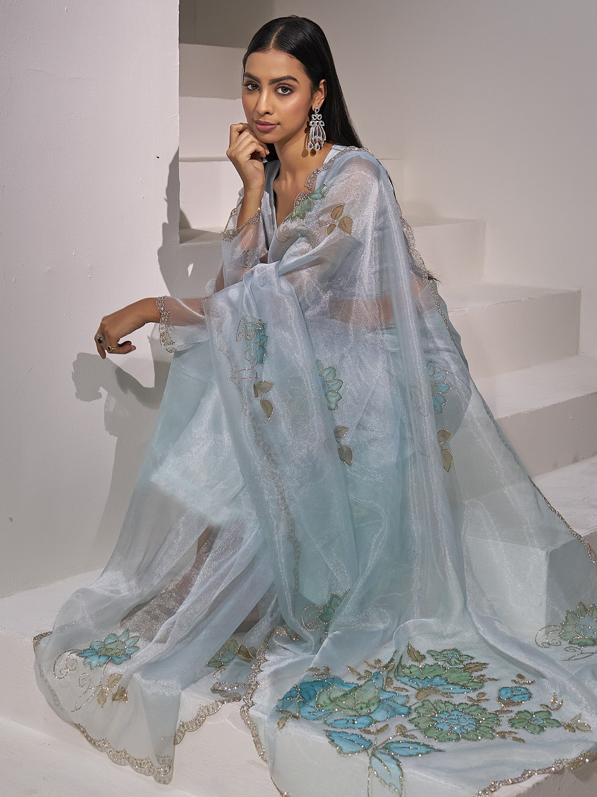 Light Blue organza saree view 4